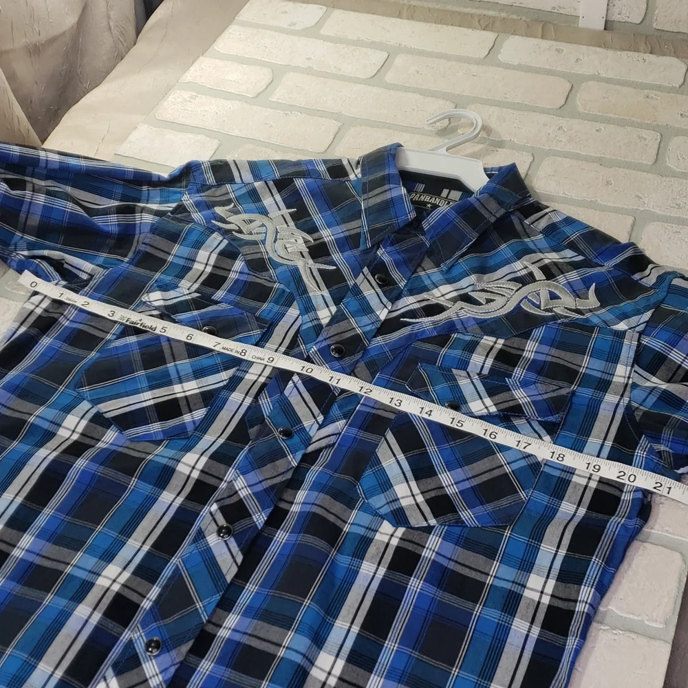 Panhandle slim fit Western pearl snap shirt size medium blue black plaid